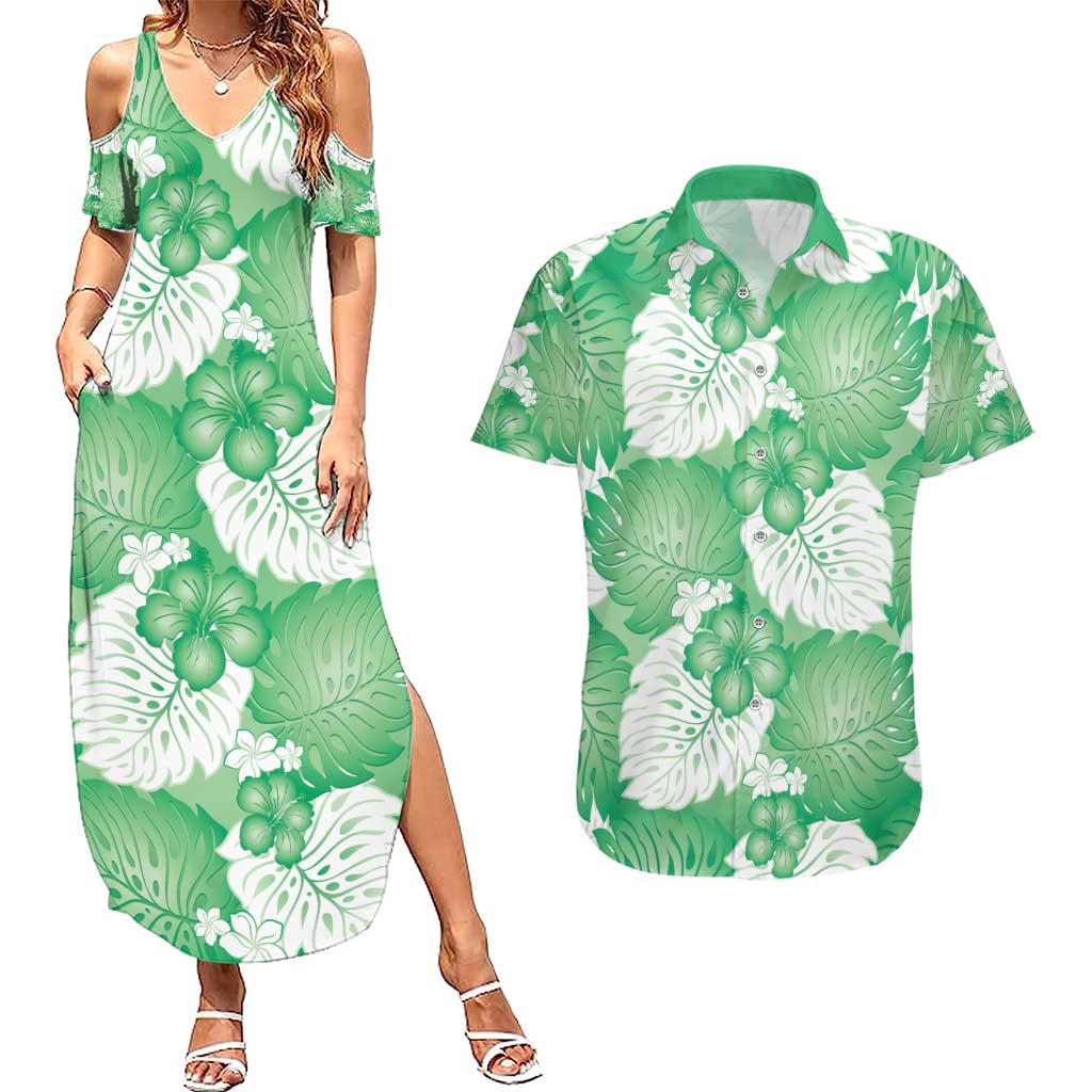Green Aloha Hawaii Couples Matching Summer Maxi Dress and Hawaiian Shirt Monstera Hibiscus Plumeria Seamless Vibes LT14 Green - Polynesian Pride