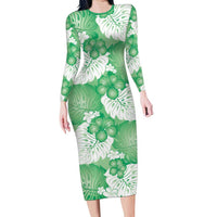 Green Aloha Hawaii Family Matching Long Sleeve Bodycon Dress and Hawaiian Shirt Monstera Hibiscus Plumeria Seamless Vibes - Polynesian Pride
