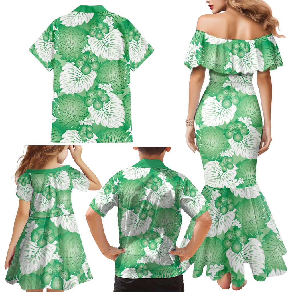 Green Aloha Hawaii Family Matching Mermaid Dress and Hawaiian Shirt Monstera Hibiscus Plumeria Seamless Vibes - Polynesian Pride
