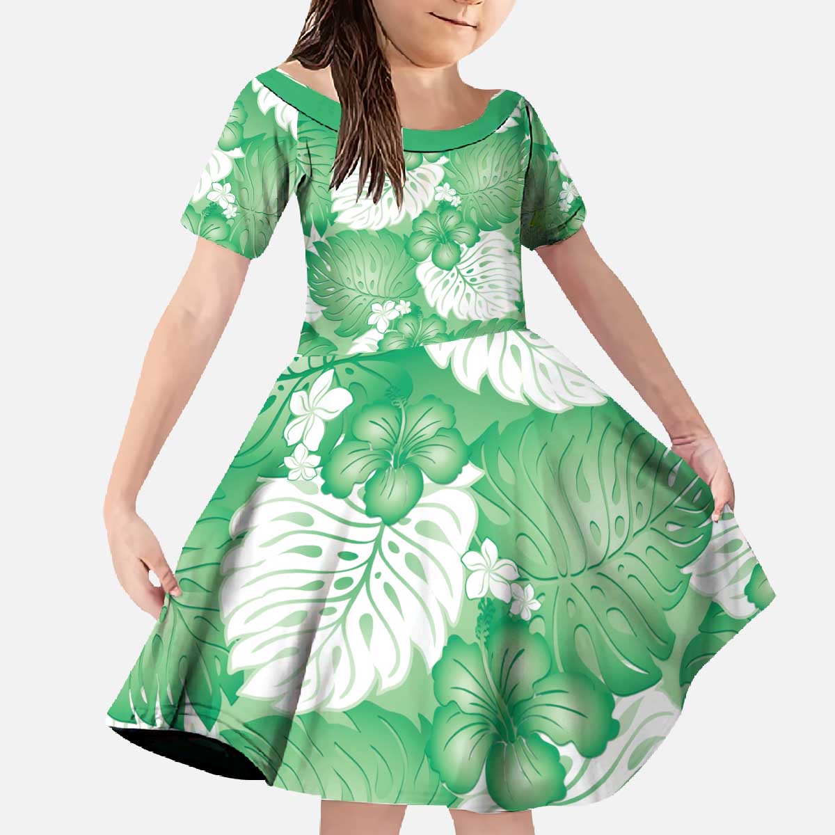 Green Aloha Hawaii Family Matching Off The Shoulder Long Sleeve Dress and Hawaiian Shirt Monstera Hibiscus Plumeria Seamless Vibes LT14 Daughter's Dress Green - Polynesian Pride