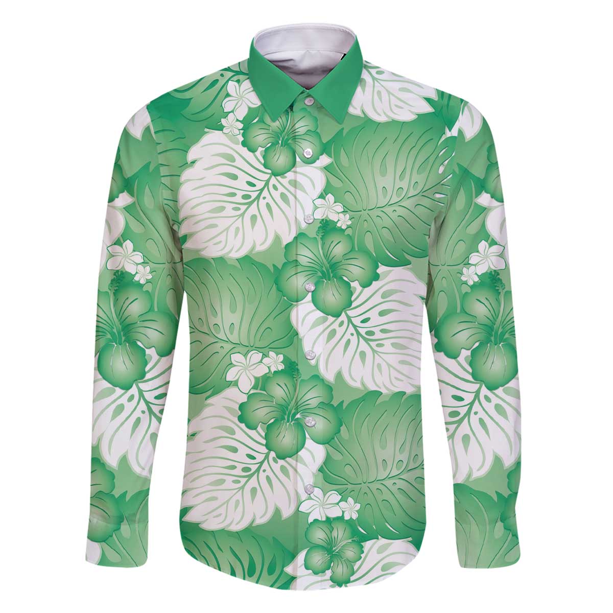 Green Aloha Hawaii Family Matching Off The Shoulder Long Sleeve Dress and Hawaiian Shirt Monstera Hibiscus Plumeria Seamless Vibes LT14 Dad's Shirt - Long Sleeve Green - Polynesian Pride