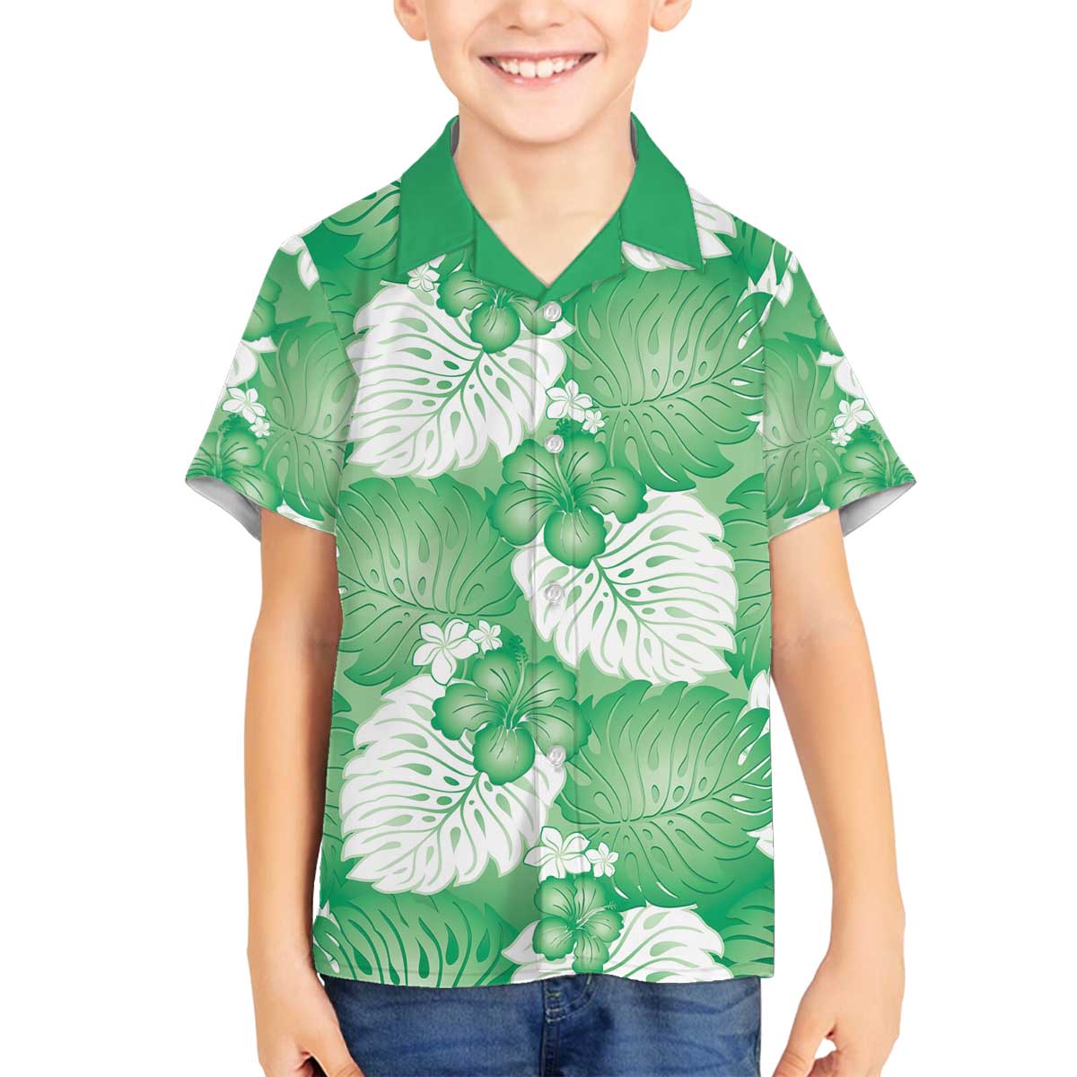 Green Aloha Hawaii Family Matching Off The Shoulder Long Sleeve Dress and Hawaiian Shirt Monstera Hibiscus Plumeria Seamless Vibes LT14 Son's Shirt Green - Polynesian Pride