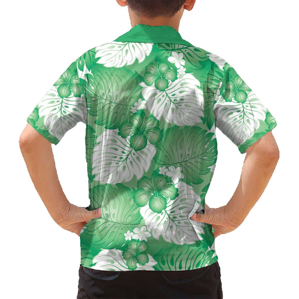 Green Aloha Hawaii Family Matching Off Shoulder Short Dress and Hawaiian Shirt Monstera Hibiscus Plumeria Seamless Vibes - Polynesian Pride