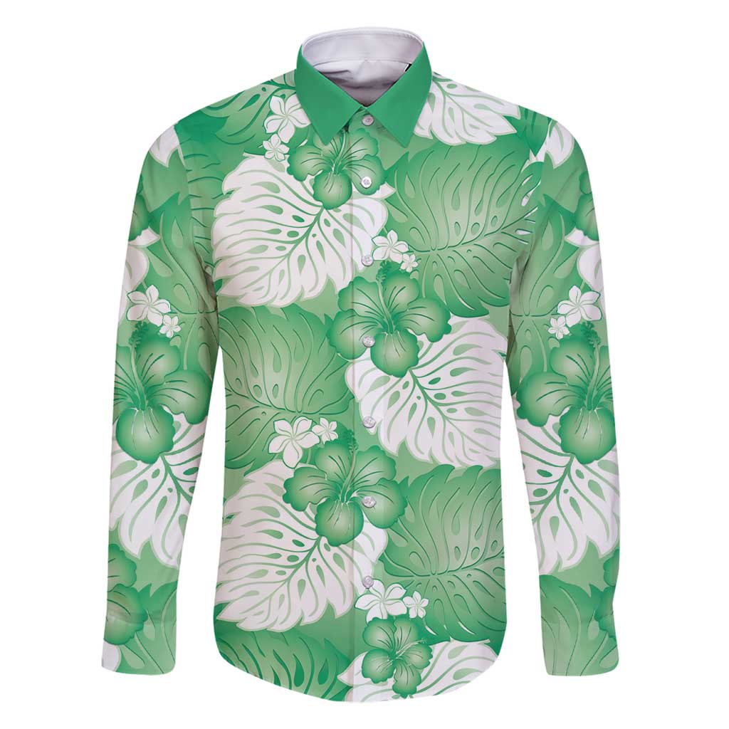 Green Aloha Hawaii Family Matching Off Shoulder Short Dress and Hawaiian Shirt Monstera Hibiscus Plumeria Seamless Vibes - Polynesian Pride