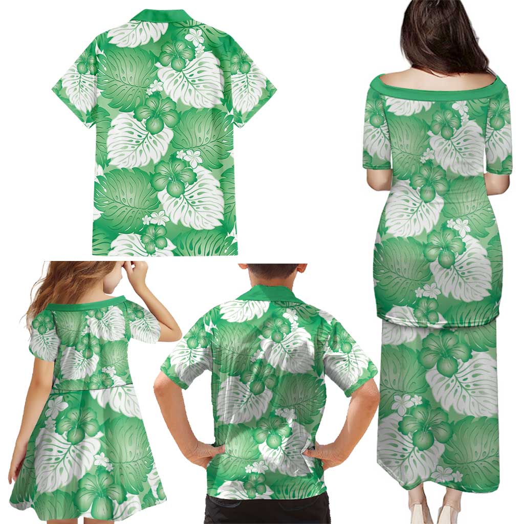 Green Aloha Hawaii Family Matching Puletasi and Hawaiian Shirt Monstera Hibiscus Plumeria Seamless Vibes - Polynesian Pride