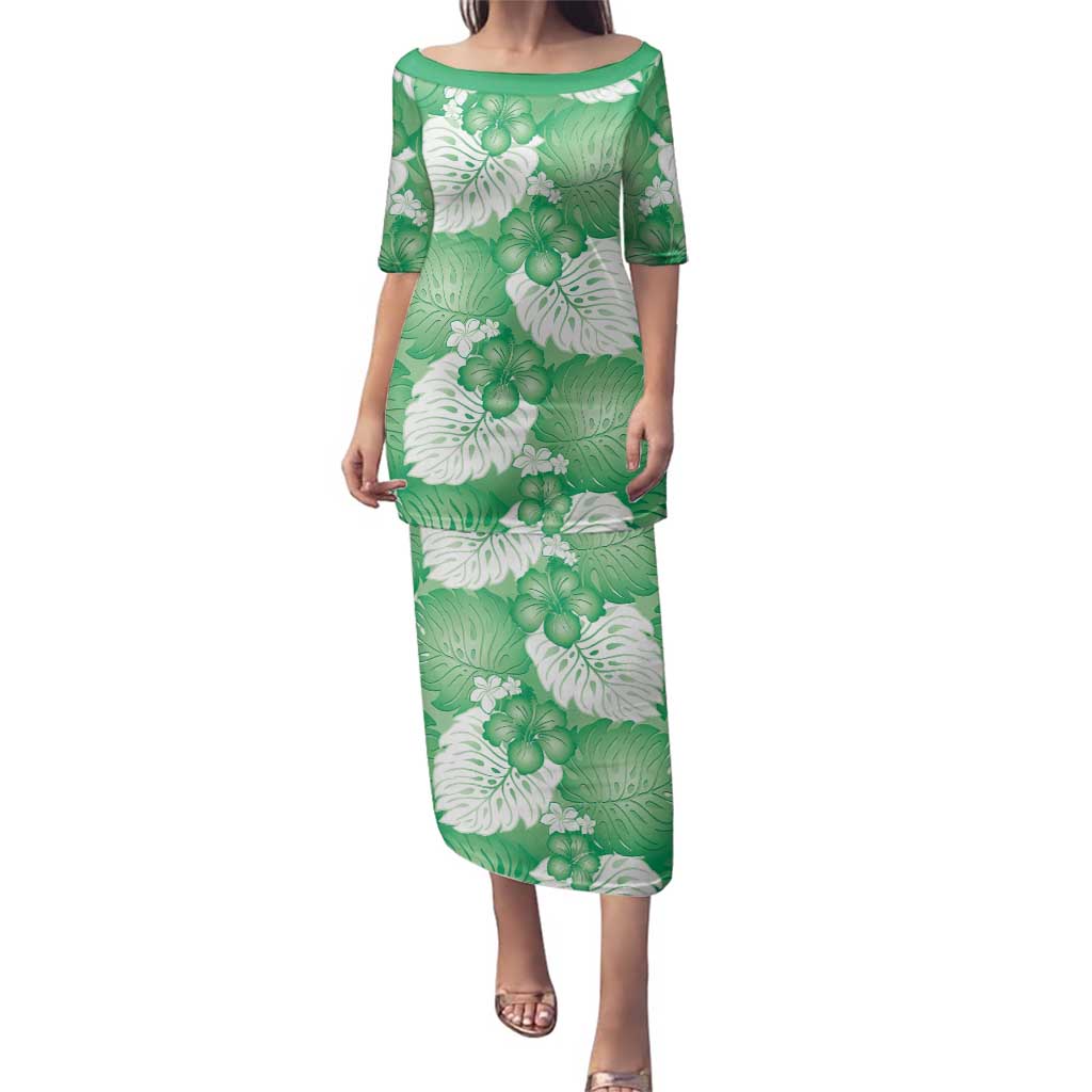 Green Aloha Hawaii Family Matching Puletasi and Hawaiian Shirt Monstera Hibiscus Plumeria Seamless Vibes - Polynesian Pride