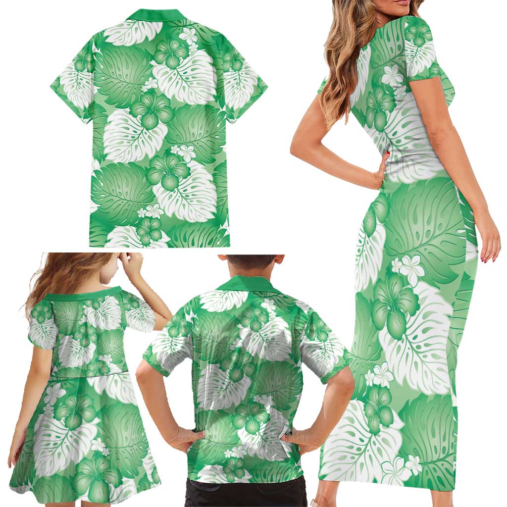 Green Aloha Hawaii Family Matching Short Sleeve Bodycon Dress and Hawaiian Shirt Monstera Hibiscus Plumeria Seamless Vibes - Polynesian Pride