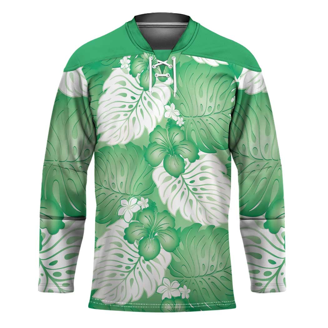 Green Aloha Hawaii Hockey Jersey Monstera Hibiscus Plumeria Seamless Vibes - Polynesian Pride