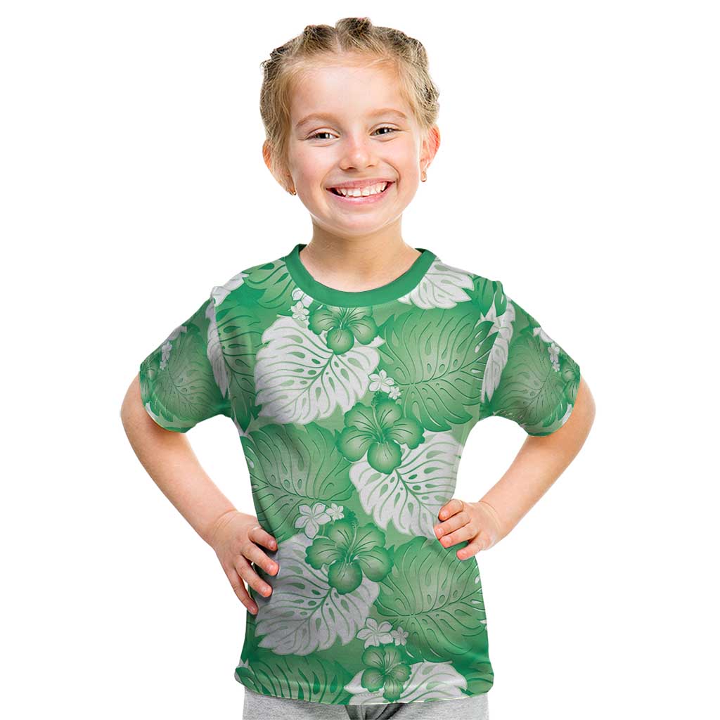Green Aloha Hawaii Kid T Shirt Monstera Hibiscus Plumeria Seamless Vibes LT14 Green - Polynesian Pride