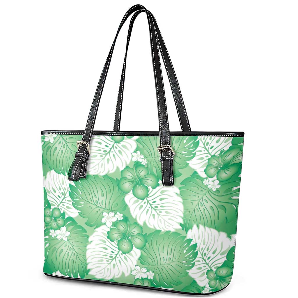 Green Aloha Hawaii Leather Tote Bag Monstera Hibiscus Plumeria Seamless Vibes - Polynesian Pride
