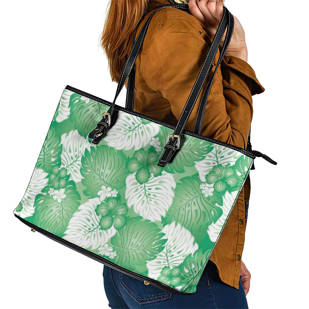 Green Aloha Hawaii Leather Tote Bag Monstera Hibiscus Plumeria Seamless Vibes - Polynesian Pride