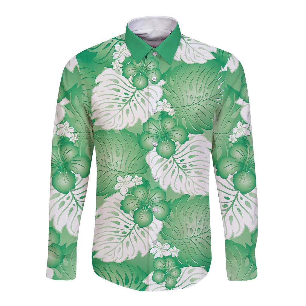 Green Aloha Hawaii Long Sleeve Button Shirt Monstera Hibiscus Plumeria Seamless Vibes LT14 Unisex Green - Polynesian Pride
