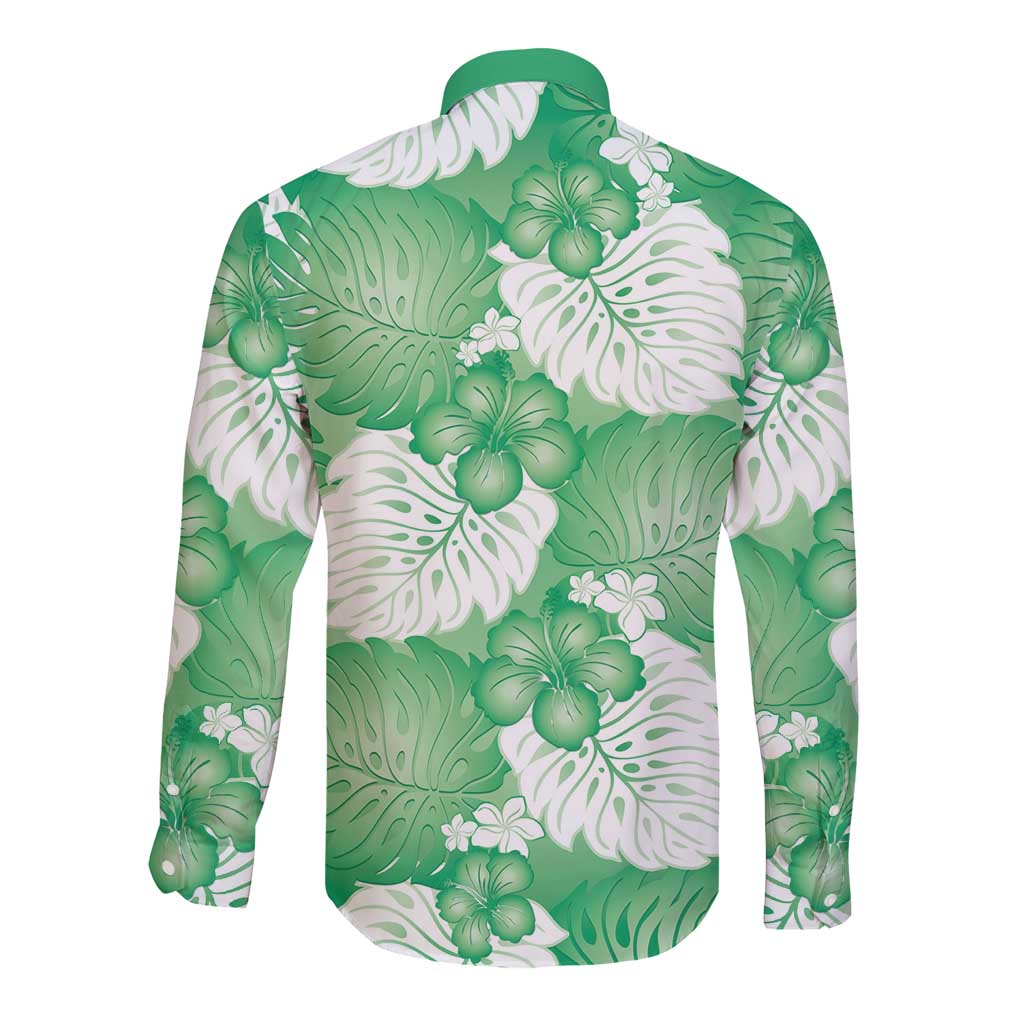 Green Aloha Hawaii Long Sleeve Button Shirt Monstera Hibiscus Plumeria Seamless Vibes LT14 - Polynesian Pride