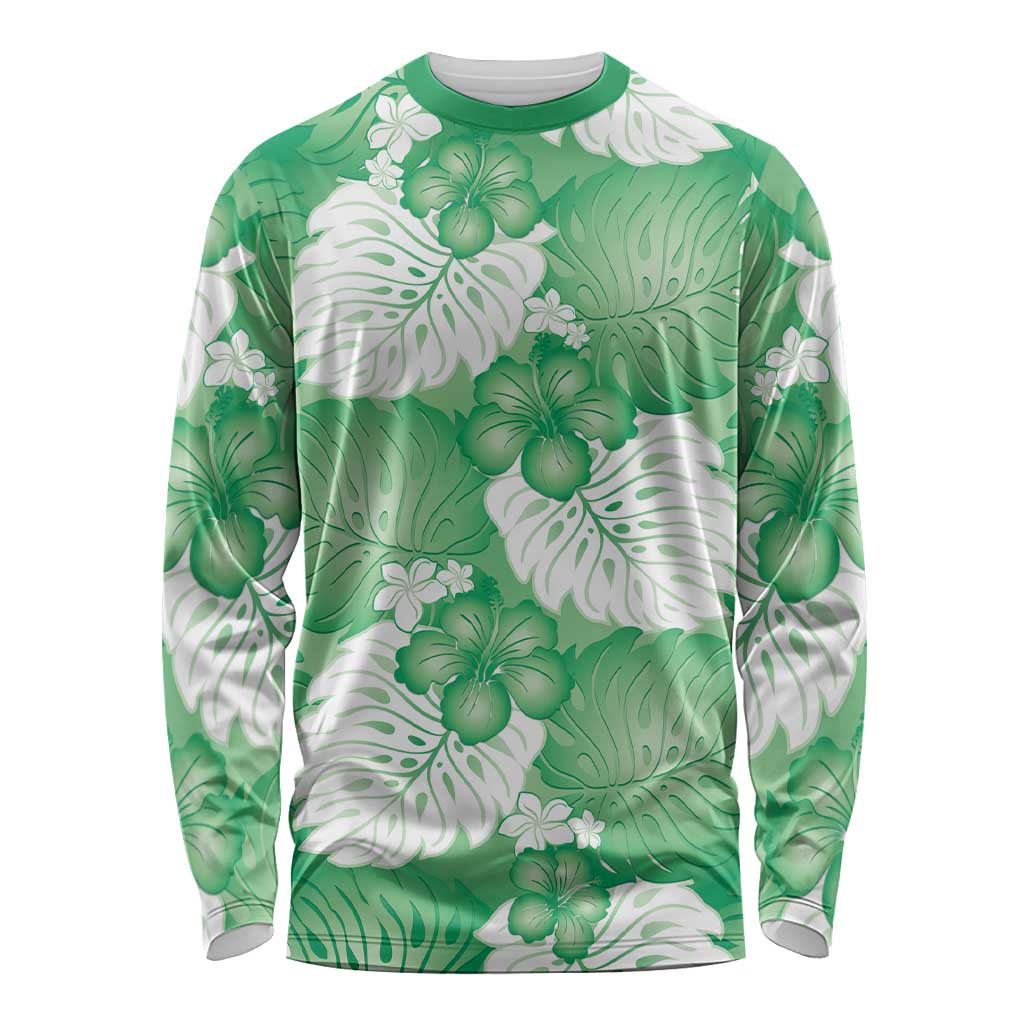 Green Aloha Hawaii Long Sleeve Shirt Monstera Hibiscus Plumeria Seamless Vibes LT14 Unisex Green - Polynesian Pride