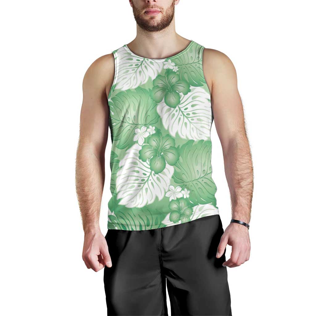Green Aloha Hawaii Men Tank Top Monstera Hibiscus Plumeria Seamless Vibes LT14 - Polynesian Pride