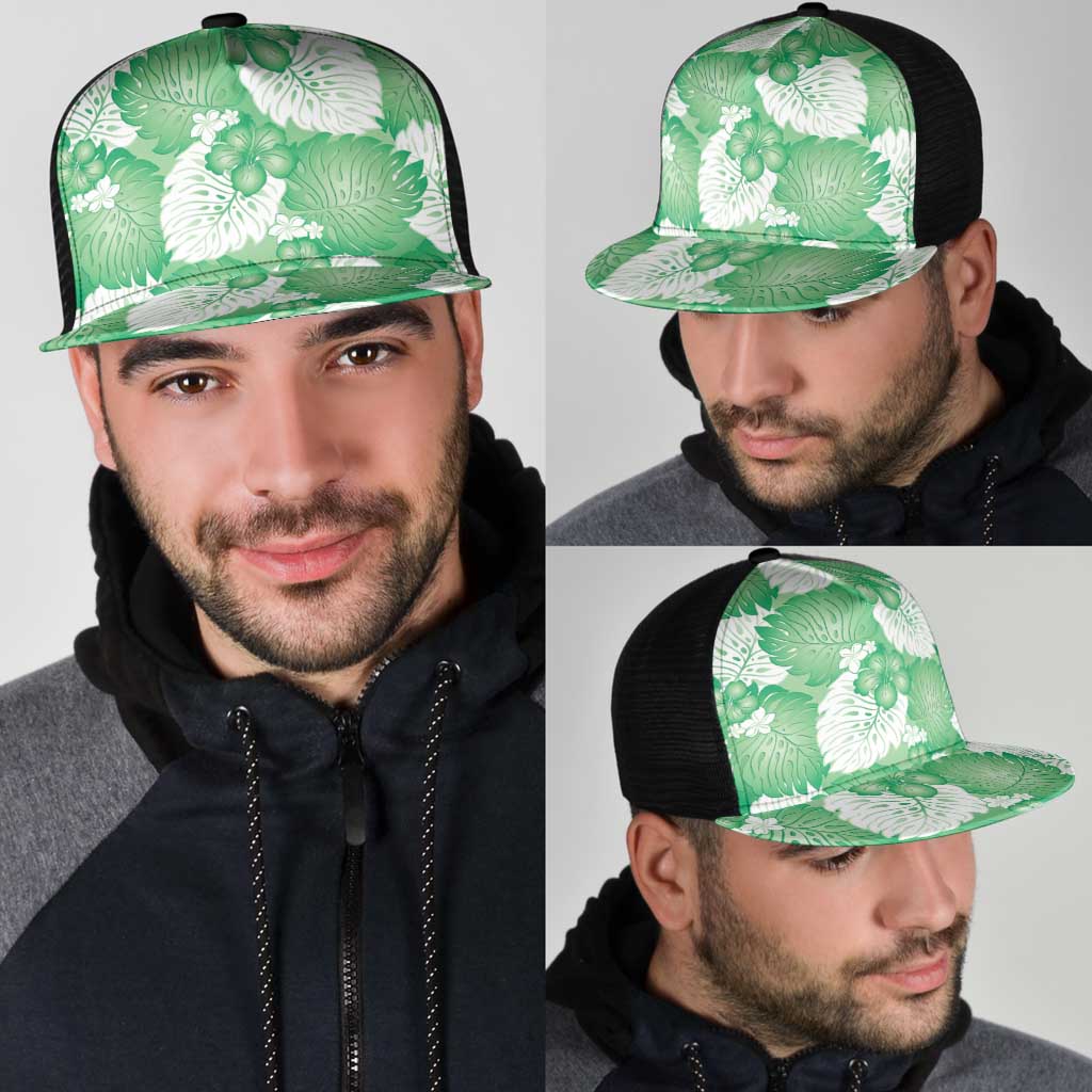 Green Aloha Hawaii Mesh Trucker Cap Monstera Hibiscus Plumeria Seamless Vibes - Polynesian Pride