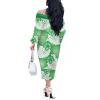 Green Aloha Hawaii Off The Shoulder Long Sleeve Dress Monstera Hibiscus Plumeria Seamless Vibes - Polynesian Pride