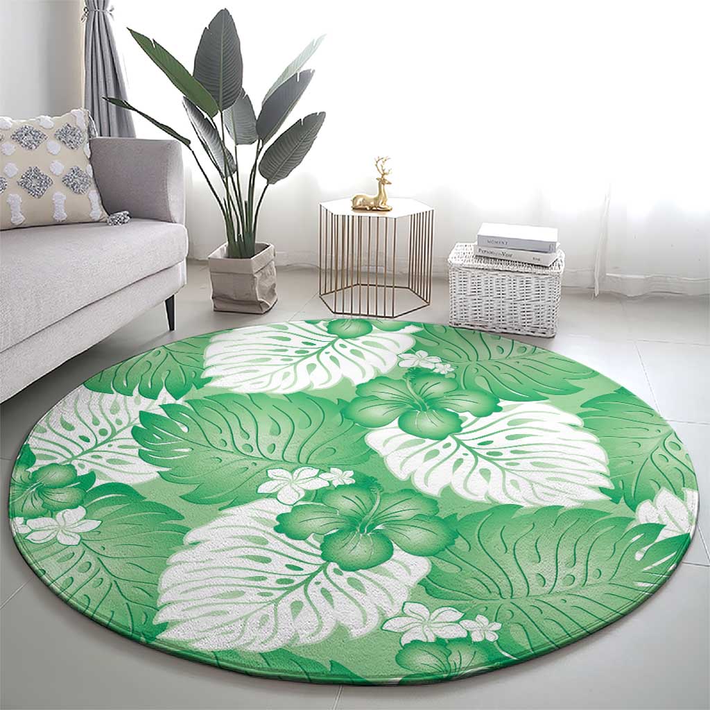 Green Aloha Hawaii Round Carpet Monstera Hibiscus Plumeria Seamless Vibes - Polynesian Pride