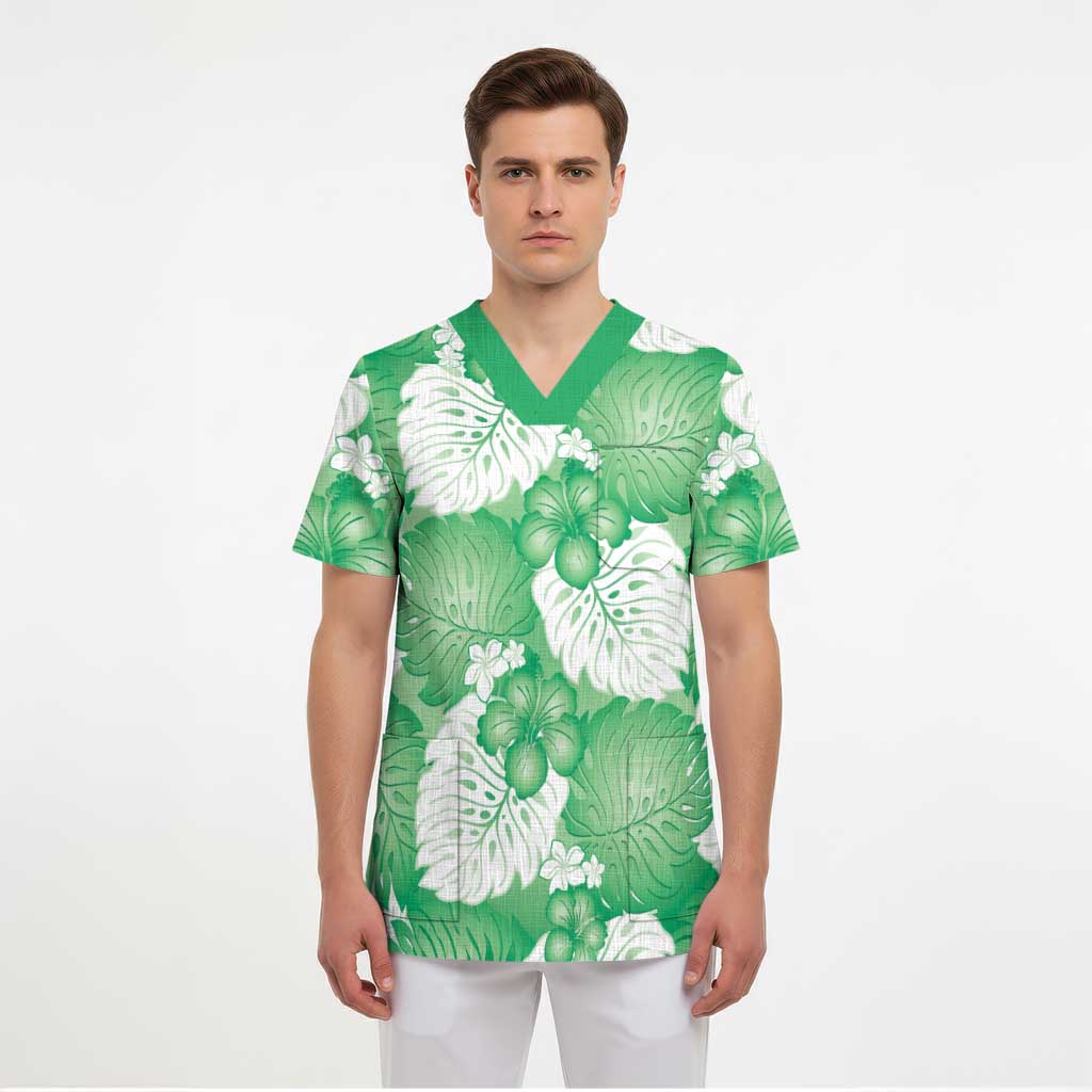 Green Aloha Hawaii Scrub Top Monstera Hibiscus Plumeria Seamless Vibes - Polynesian Pride