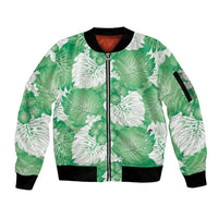 Green Aloha Hawaii Sleeve Zip Bomber Jacket Monstera Hibiscus Plumeria Seamless Vibes - Polynesian Pride