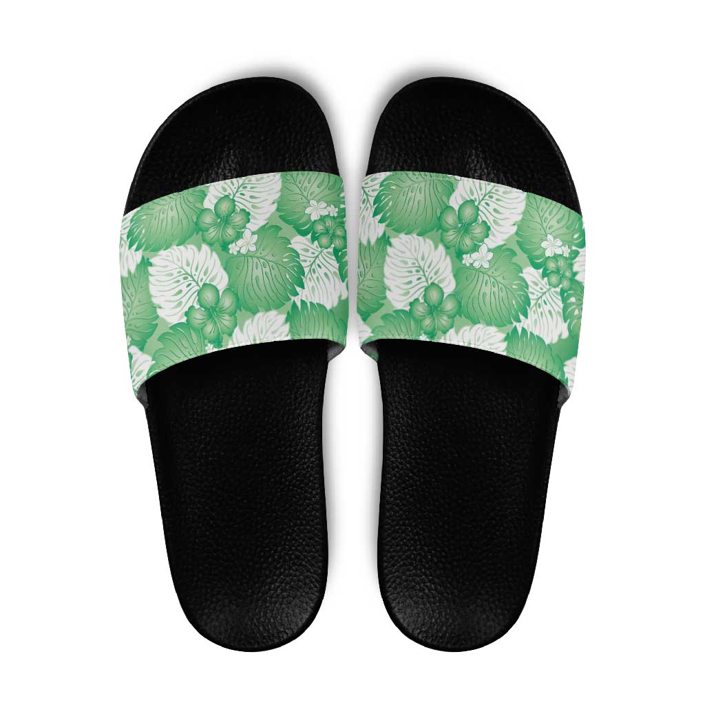 monstera slippers Green Aloha Hawaii Slide Sandals Monstera Hibiscus Plumeria Seamless Vibes