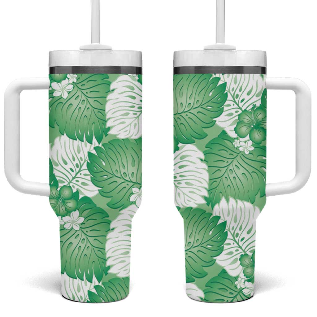 Green Aloha Hawaii Tumbler With Handle Monstera Hibiscus Plumeria Seamless Vibes - Polynesian Pride