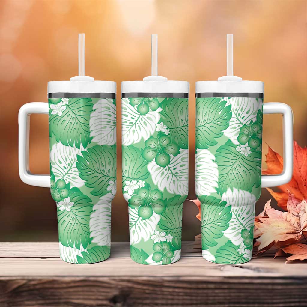Green Aloha Hawaii Tumbler With Handle Monstera Hibiscus Plumeria Seamless Vibes - Polynesian Pride
