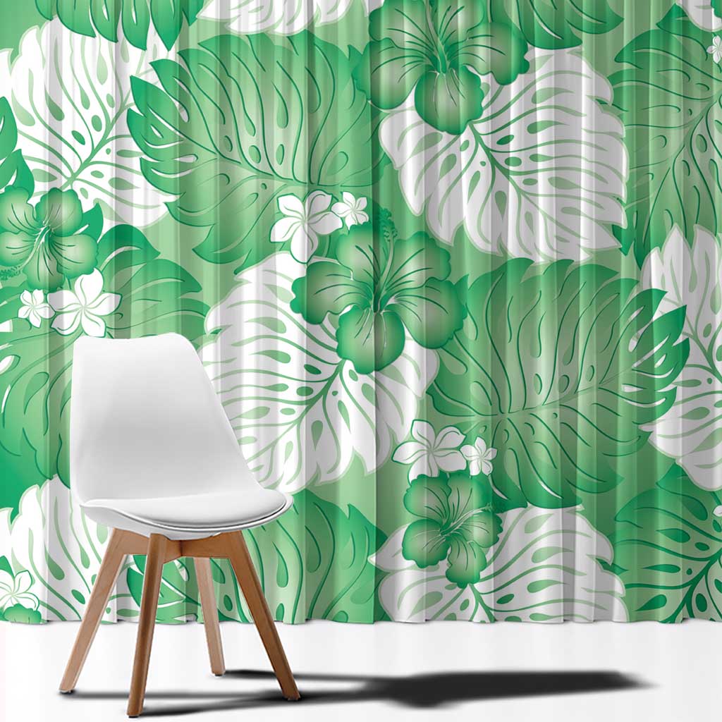 Green Aloha Hawaii Window Curtain Monstera Hibiscus Plumeria Seamless Vibes - Polynesian Pride