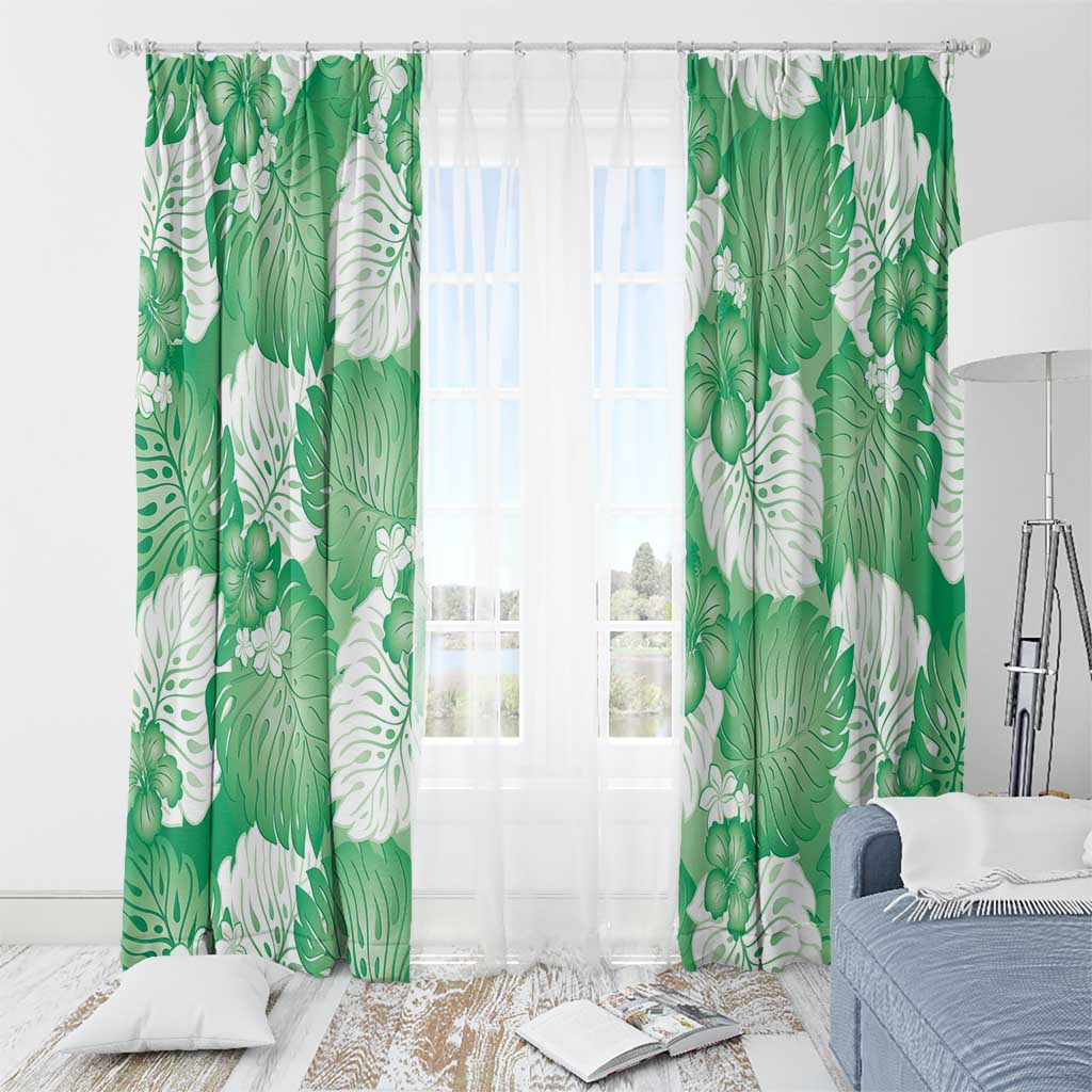 Green Aloha Hawaii Window Curtain Monstera Hibiscus Plumeria Seamless Vibes - Polynesian Pride
