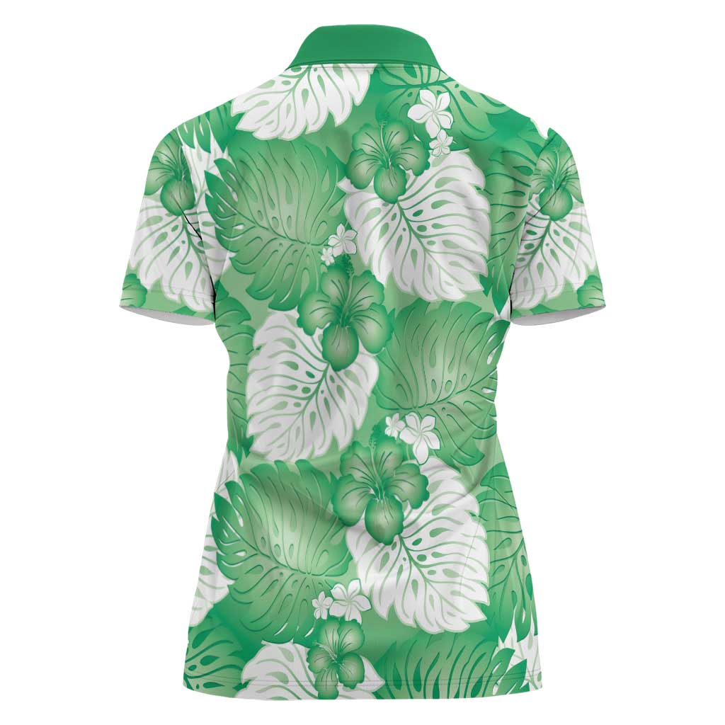 Green Aloha Hawaii Women Polo Shirt Monstera Hibiscus Plumeria Seamless Vibes - Polynesian Pride