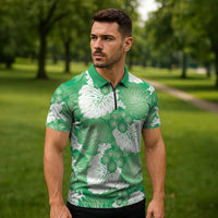 Green Aloha Hawaii Zipper Polo Shirt Monstera Hibiscus Plumeria Seamless Vibes - Polynesian Pride