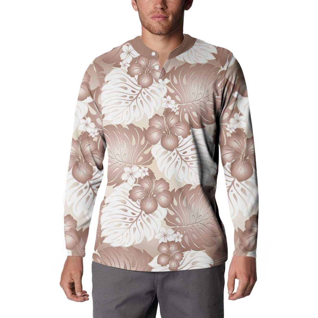 Mocha Mousse Aloha Hawaii Button Sweatshirt Monstera Hibiscus Plumeria Seamless Vibes - Polynesian Pride