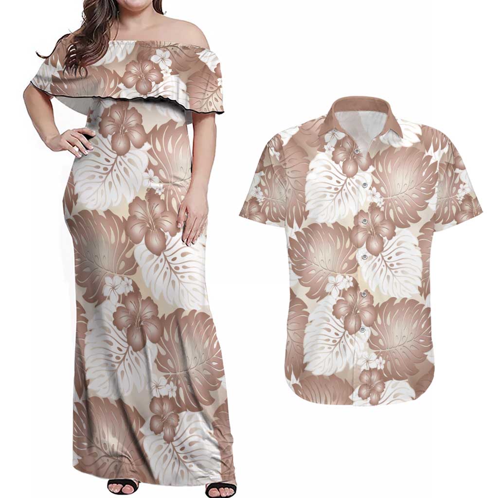 Mocha Mousse Aloha Hawaii Couples Matching Off Shoulder Maxi Dress and Hawaiian Shirt Monstera Hibiscus Plumeria Seamless Vibes - Polynesian Pride