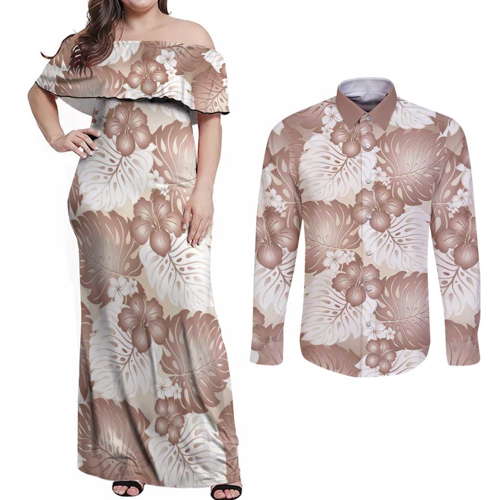 Mocha Mousse Aloha Hawaii Couples Matching Off Shoulder Maxi Dress and Long Sleeve Button Shirt Monstera Hibiscus Plumeria Seamless Vibes - Polynesian Pride