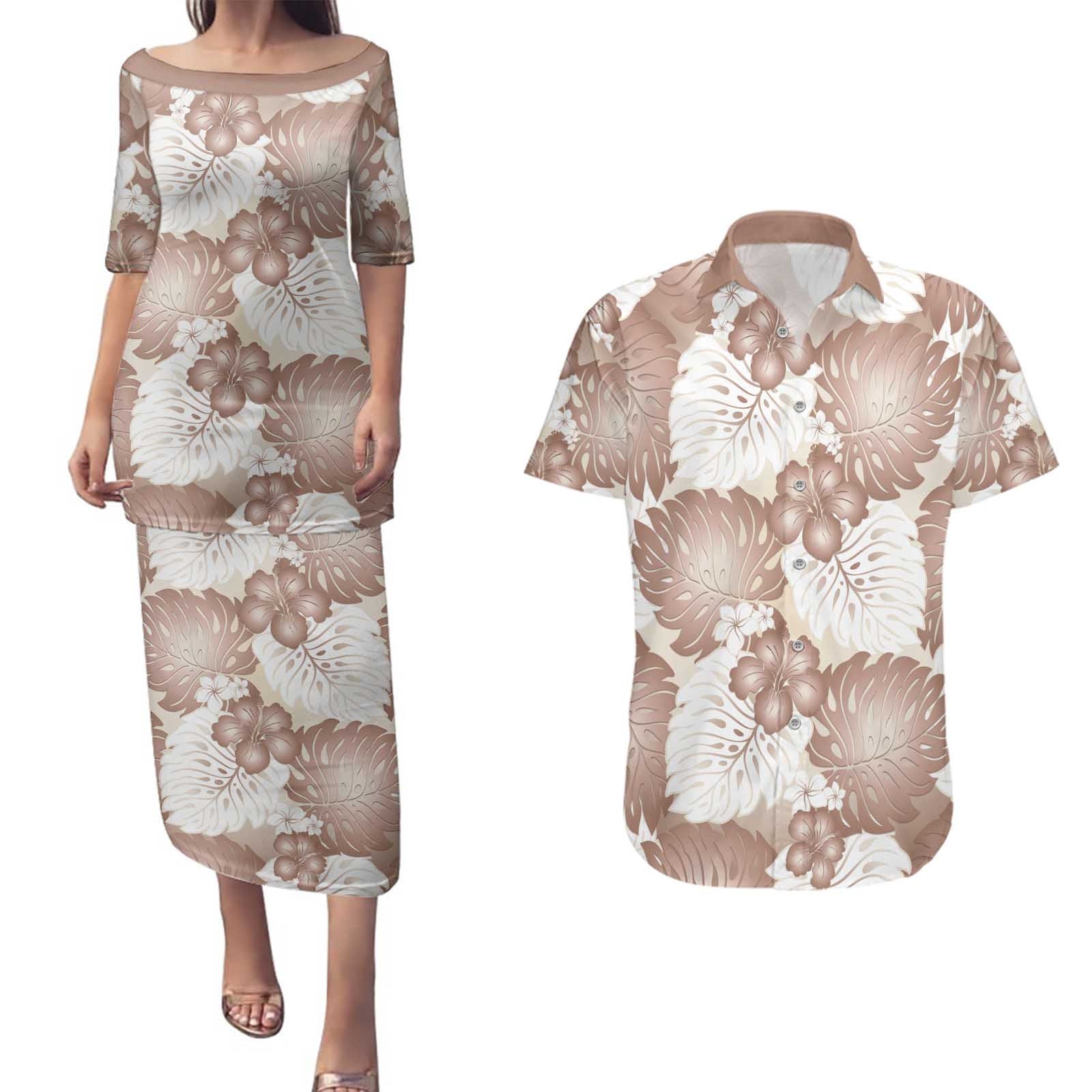 Mocha Mousse Aloha Hawaii Couples Matching Puletasi and Hawaiian Shirt Monstera Hibiscus Plumeria Seamless Vibes LT14 Mocha Mousse - Polynesian Pride