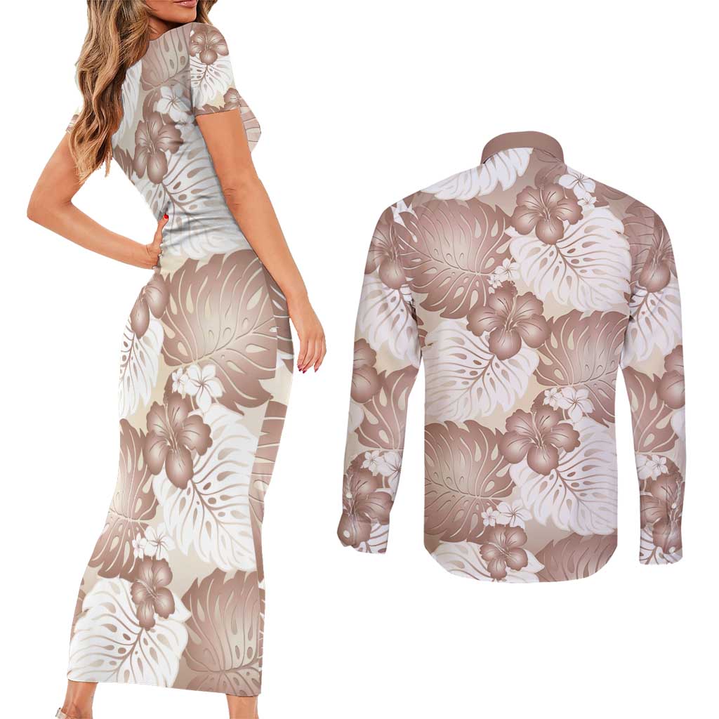 Mocha Mousse Aloha Hawaii Couples Matching Short Sleeve Bodycon Dress and Long Sleeve Button Shirt Monstera Hibiscus Plumeria Seamless Vibes - Polynesian Pride