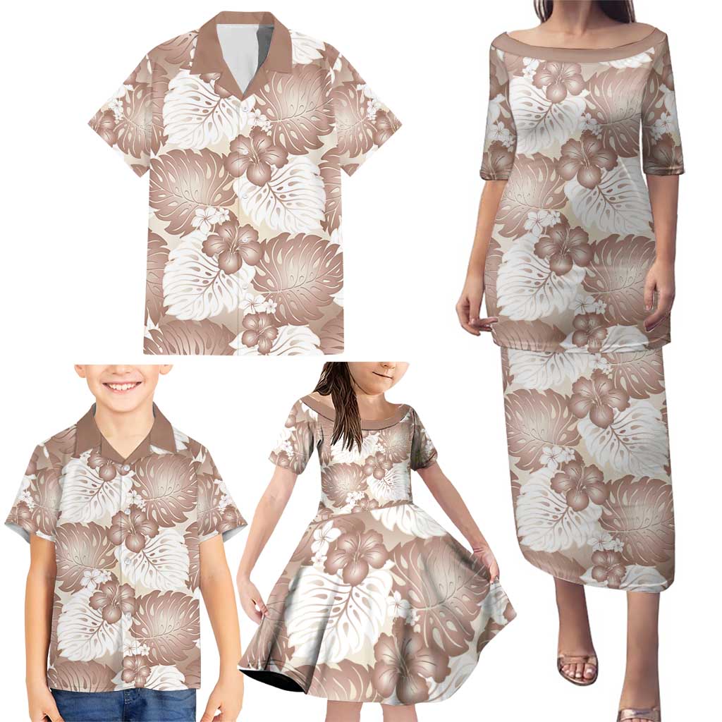 Mocha Mousse Aloha Hawaii Family Matching Puletasi and Hawaiian Shirt Monstera Hibiscus Plumeria Seamless Vibes - Polynesian Pride