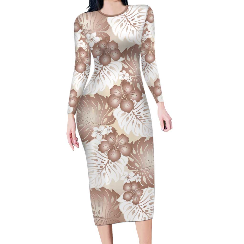 Mocha Mousse Aloha Hawaii Long Sleeve Bodycon Dress Monstera Hibiscus Plumeria Seamless Vibes - Polynesian Pride