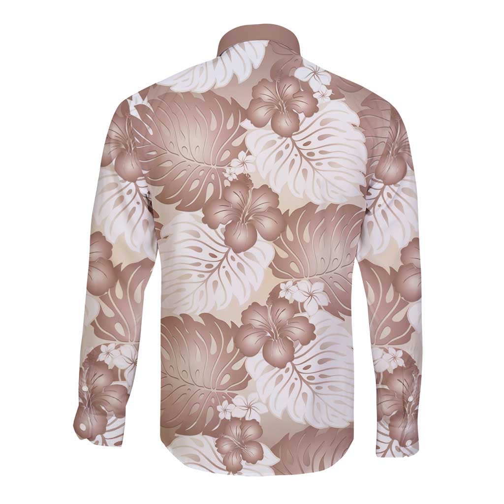 Mocha Mousse Aloha Hawaii Long Sleeve Button Shirt Monstera Hibiscus Plumeria Seamless Vibes LT14 - Polynesian Pride