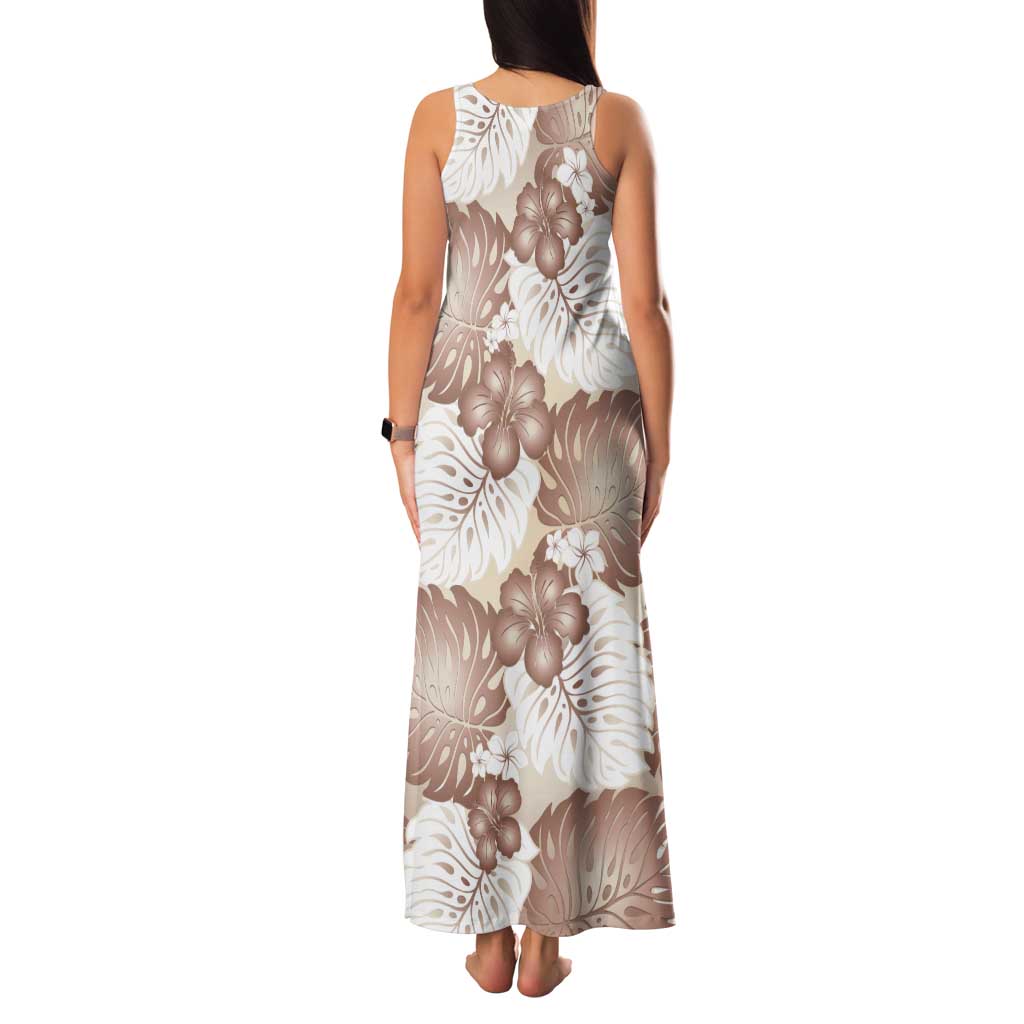 Mocha Mousse Aloha Hawaii Tank Maxi Dress Monstera Hibiscus Plumeria Seamless Vibes - Polynesian Pride