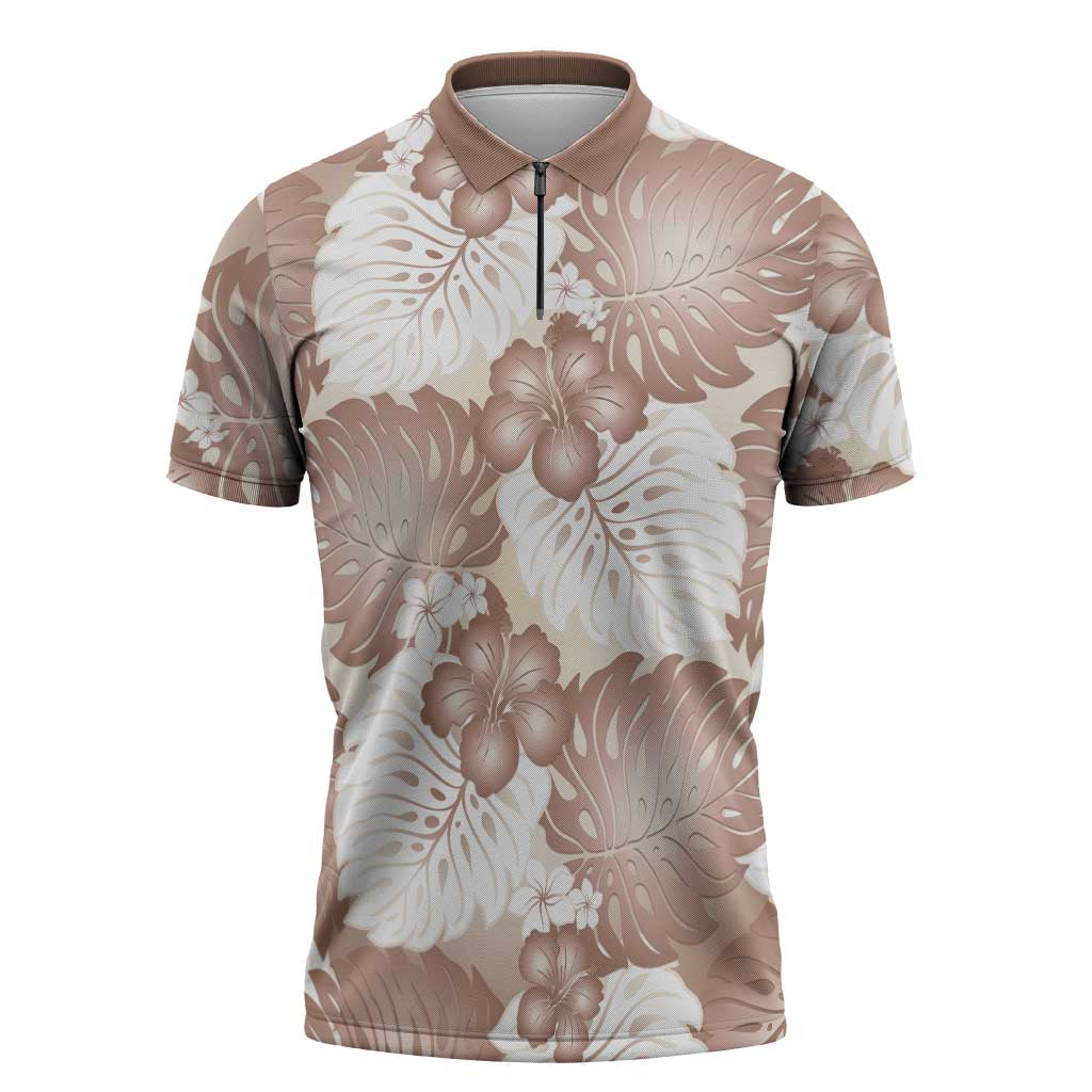 Mocha Mousse Aloha Hawaii Zipper Polo Shirt Monstera Hibiscus Plumeria Seamless Vibes - Polynesian Pride