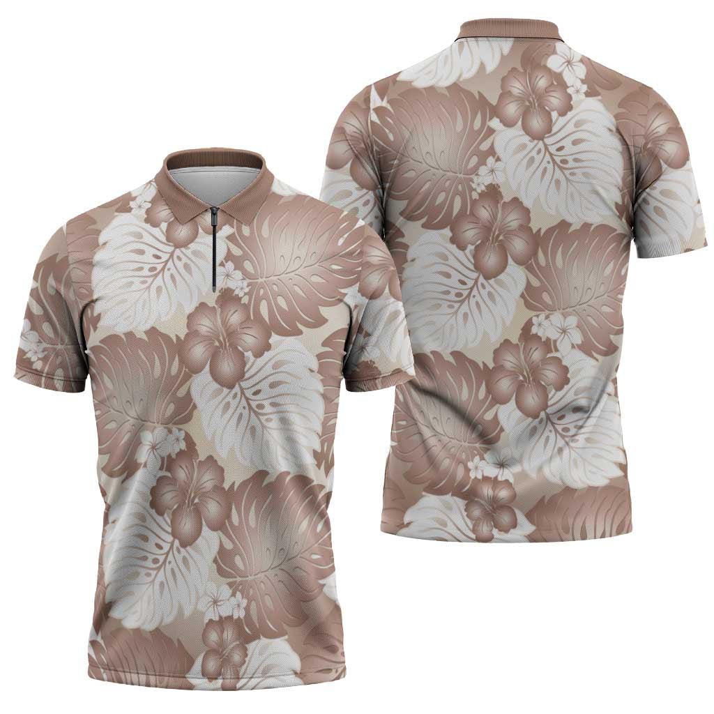 Mocha Mousse Aloha Hawaii Zipper Polo Shirt Monstera Hibiscus Plumeria Seamless Vibes - Polynesian Pride