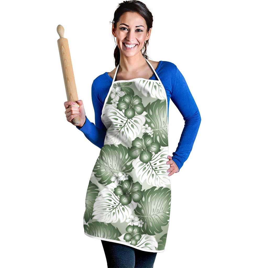 Sage Green Aloha Hawaii Apron Monstera Hibiscus Plumeria Seamless Vibes - Polynesian Pride