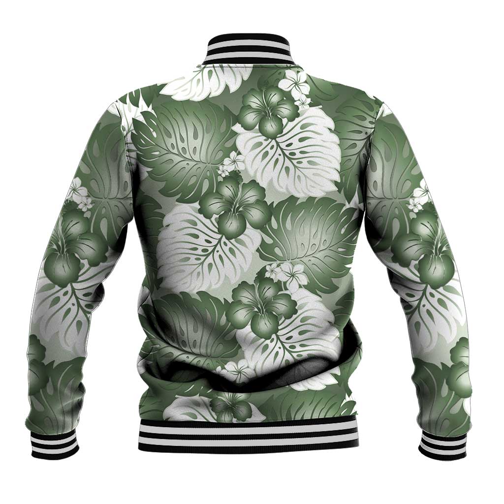 Sage Green Aloha Hawaii Baseball Jacket Monstera Hibiscus Plumeria Seamless Vibes - Polynesian Pride