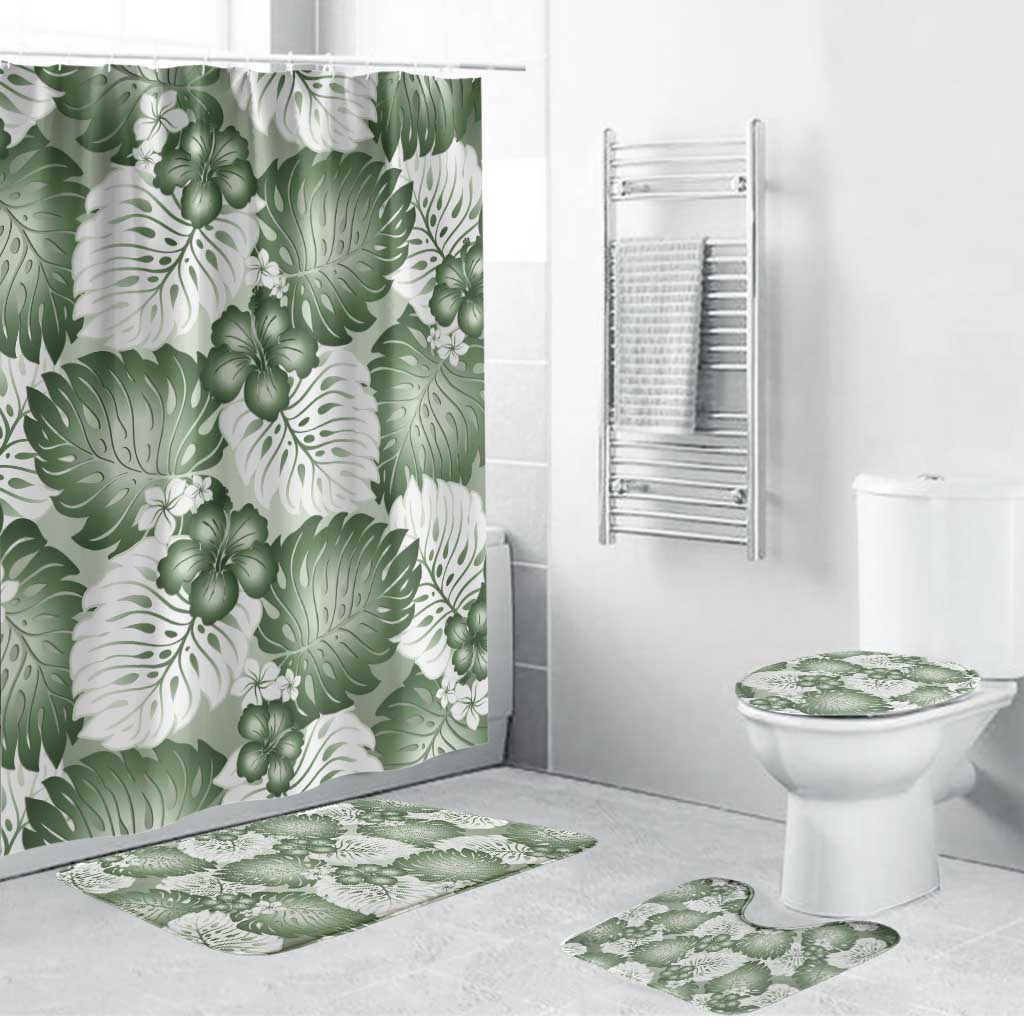 Sage Green Aloha Hawaii Bathroom Set Monstera Hibiscus Plumeria Seamless Vibes - Polynesian Pride