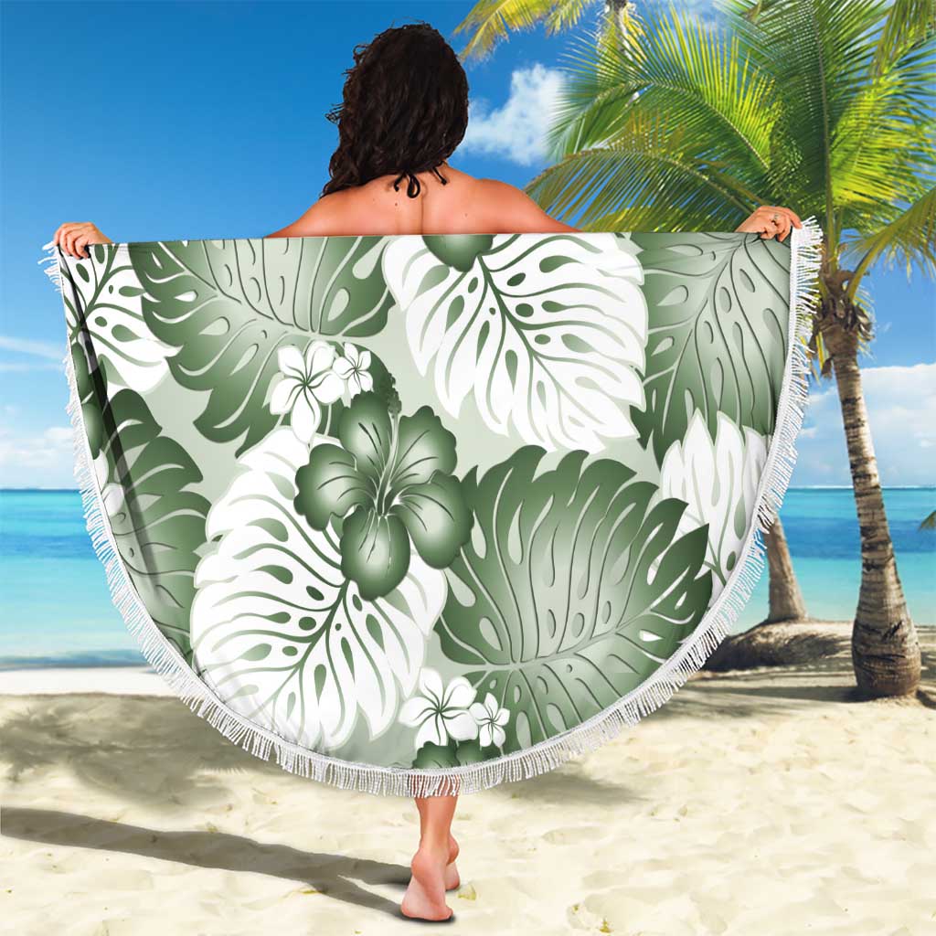 Sage Green Aloha Hawaii Beach Blanket Monstera Hibiscus Plumeria Seamless Vibes - Polynesian Pride
