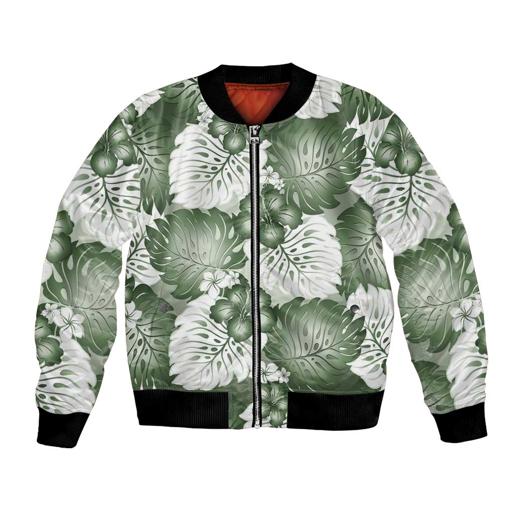 Sage Green Aloha Hawaii Bomber Jacket Monstera Hibiscus Plumeria Seamless Vibes - Polynesian Pride