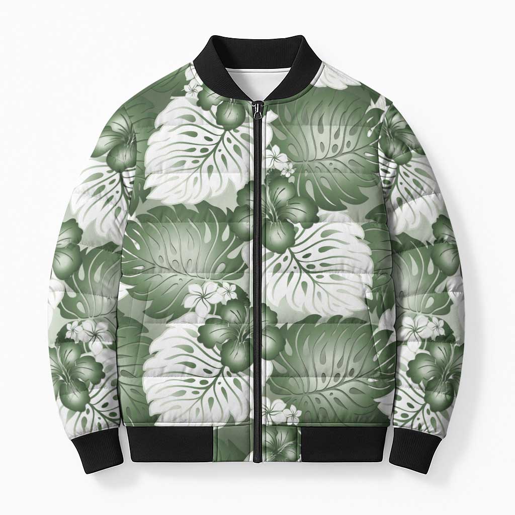Sage Green Aloha Hawaii Bomber Puffer Jacket Monstera Hibiscus Plumeria Seamless Vibes - Polynesian Pride