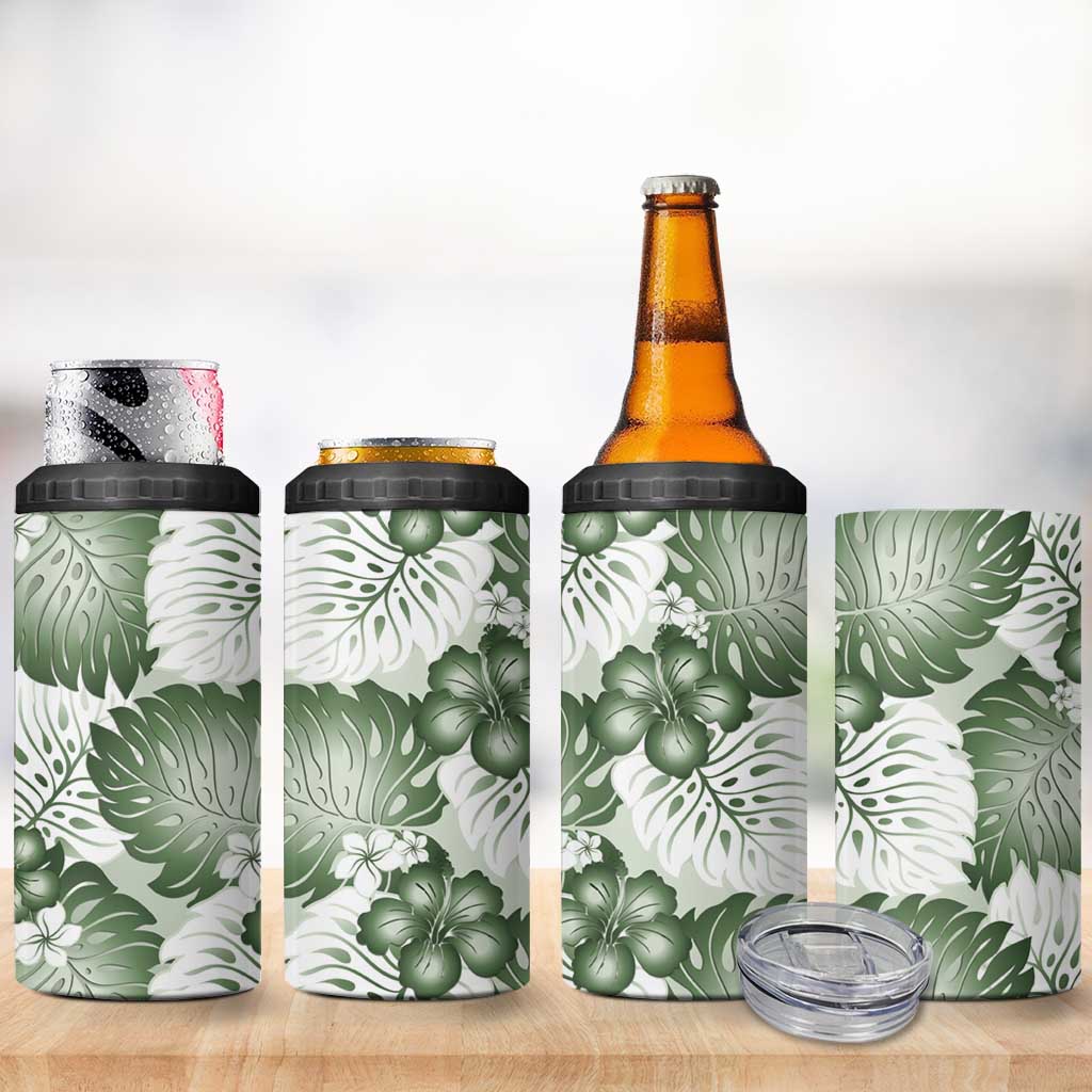 Sage Green Aloha Hawaii 4 in 1 Can Cooler Tumbler Monstera Hibiscus Plumeria Seamless Vibes - Polynesian Pride