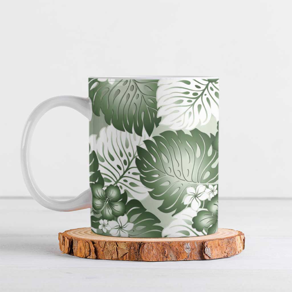 Sage Green Aloha Hawaii Ceramic Mug Monstera Hibiscus Plumeria Seamless  Vibes